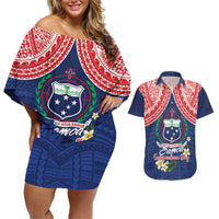 Samoan Independence Day Couples Matching Off Shoulder Short Dress and Hawaiian Shirt Manuia Le Tutoatasi O Samoa LT14 Blue - Polynesian Pride