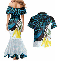 New Zealand Silver Fern Tui Bird Couples Matching Mermaid Dress and Hawaiian Shirt Maori Kowhai Paua Shell Taniko Motifs
