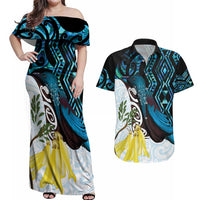 New Zealand Silver Fern Tui Bird Couples Matching Off Shoulder Maxi Dress and Hawaiian Shirt Maori Kowhai Paua Shell Taniko Motifs