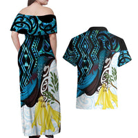 New Zealand Silver Fern Tui Bird Couples Matching Off Shoulder Maxi Dress and Hawaiian Shirt Maori Kowhai Paua Shell Taniko Motifs
