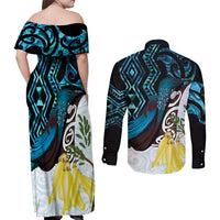 New Zealand Silver Fern Tui Bird Couples Matching Off Shoulder Maxi Dress and Long Sleeve Button Shirt Maori Kowhai Paua Shell Taniko Motifs