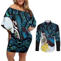 New Zealand Silver Fern Tui Bird Couples Matching Off Shoulder Short Dress and Long Sleeve Button Shirt Maori Kowhai Paua Shell Taniko Motifs
