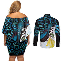 New Zealand Silver Fern Tui Bird Couples Matching Off Shoulder Short Dress and Long Sleeve Button Shirt Maori Kowhai Paua Shell Taniko Motifs