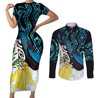 New Zealand Silver Fern Tui Bird Couples Matching Short Sleeve Bodycon Dress and Long Sleeve Button Shirt Maori Kowhai Paua Shell Taniko Motifs