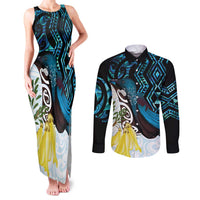New Zealand Silver Fern Tui Bird Couples Matching Tank Maxi Dress and Long Sleeve Button Shirt Maori Kowhai Paua Shell Taniko Motifs