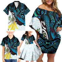 New Zealand Silver Fern Tui Bird Family Matching Off Shoulder Short Dress and Hawaiian Shirt Maori Kowhai Paua Shell Taniko Motifs