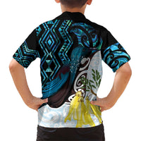 New Zealand Silver Fern Tui Bird Family Matching Short Sleeve Bodycon Dress and Hawaiian Shirt Maori Kowhai Paua Shell Taniko Motifs