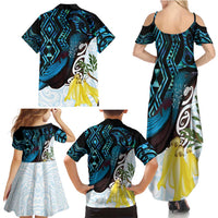 New Zealand Silver Fern Tui Bird Family Matching Summer Maxi Dress and Hawaiian Shirt Maori Kowhai Paua Shell Taniko Motifs