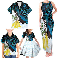 New Zealand Silver Fern Tui Bird Family Matching Tank Maxi Dress and Hawaiian Shirt Maori Kowhai Paua Shell Taniko Motifs