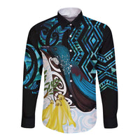 New Zealand Silver Fern Tui Bird Long Sleeve Button Shirt Maori Kowhai Paua Shell Taniko Motifs