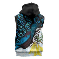 New Zealand Silver Fern Tui Bird Sleeveless Hoodie Maori Kowhai Paua Shell Taniko Motifs - Polynesian Pride