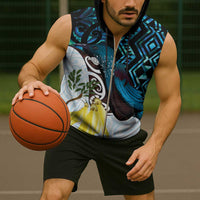 New Zealand Silver Fern Tui Bird Sleeveless Zip Hoodie Maori Kowhai Paua Shell Taniko Motifs - Polynesian Pride