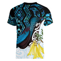 New Zealand Silver Fern Tui Bird Women V-Neck T-Shirt Maori Kowhai Paua Shell Taniko Motifs