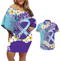 No Story Should End Too Soon Suicide Awareness Couples Matching Off Shoulder Short Dress and Hawaiian Shirt Purple And Teal Polynesian Ribbon LT14 Purple - Polynesian Pride