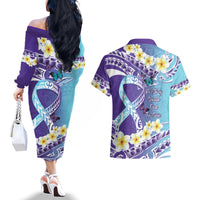No Story Should End Too Soon Suicide Awareness Couples Matching Off The Shoulder Long Sleeve Dress and Hawaiian Shirt Purple And Teal Polynesian Ribbon