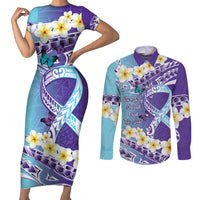No Story Should End Too Soon Suicide Awareness Couples Matching Short Sleeve Bodycon Dress and Long Sleeve Button Shirt Purple And Teal Polynesian Ribbon