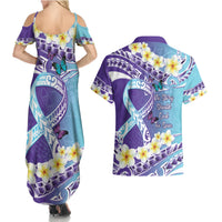 No Story Should End Too Soon Suicide Awareness Couples Matching Summer Maxi Dress and Hawaiian Shirt Purple And Teal Polynesian Ribbon