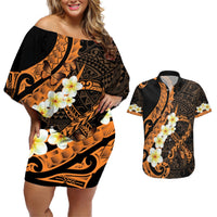 Liver Cancer Awareness Month Couples Matching Off Shoulder Short Dress and Hawaiian Shirt Awareness Is Key Orange Polynesian Ribbon LT14 Orange - Polynesian Pride