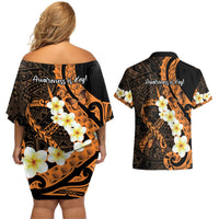 Liver Cancer Awareness Month Couples Matching Off Shoulder Short Dress and Hawaiian Shirt Awareness Is Key Orange Polynesian Ribbon LT14 - Polynesian Pride