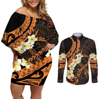 Liver Cancer Awareness Month Couples Matching Off Shoulder Short Dress and Long Sleeve Button Shirt Awareness Is Key Orange Polynesian Ribbon LT14 Orange - Polynesian Pride