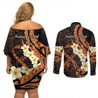 Liver Cancer Awareness Month Couples Matching Off Shoulder Short Dress and Long Sleeve Button Shirt Awareness Is Key Orange Polynesian Ribbon LT14 - Polynesian Pride