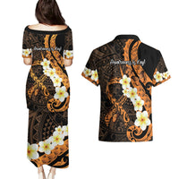 Liver Cancer Awareness Month Couples Matching Puletasi and Hawaiian Shirt Awareness Is Key Orange Polynesian Ribbon LT14 - Polynesian Pride