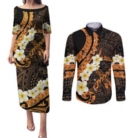Liver Cancer Awareness Month Couples Matching Puletasi and Long Sleeve Button Shirt Awareness Is Key Orange Polynesian Ribbon LT14 Orange - Polynesian Pride