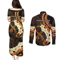Liver Cancer Awareness Month Couples Matching Puletasi and Long Sleeve Button Shirt Awareness Is Key Orange Polynesian Ribbon LT14 - Polynesian Pride