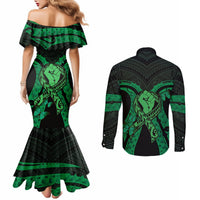 ADHD Awareness Month You Matter Couples Matching Mermaid Dress and Long Sleeve Button Shirt Green Polynesian Ribbon LT14 - Polynesian Pride