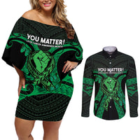 ADHD Awareness Month You Matter Couples Matching Off Shoulder Short Dress and Long Sleeve Button Shirt Green Polynesian Ribbon LT14 Green - Polynesian Pride