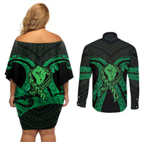 ADHD Awareness Month You Matter Couples Matching Off Shoulder Short Dress and Long Sleeve Button Shirt Green Polynesian Ribbon LT14 - Polynesian Pride