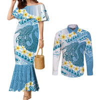 Blue Hawaii Shark Tattoo Couples Matching Mermaid Dress and Long Sleeve Button Shirt Frangipani With Polynesian Pastel Version