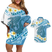 Blue Hawaii Shark Tattoo Couples Matching Off Shoulder Short Dress and Hawaiian Shirt Frangipani With Polynesian Pastel Version LT14 Blue - Polynesian Pride