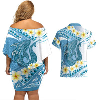 Blue Hawaii Shark Tattoo Couples Matching Off Shoulder Short Dress and Hawaiian Shirt Frangipani With Polynesian Pastel Version LT14 - Polynesian Pride