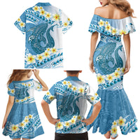 Blue Hawaii Shark Tattoo Family Matching Mermaid Dress and Hawaiian Shirt Frangipani With Polynesian Pastel Version
