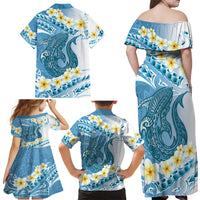 Blue Hawaii Shark Tattoo Family Matching Off Shoulder Maxi Dress and Hawaiian Shirt Frangipani With Polynesian Pastel Version