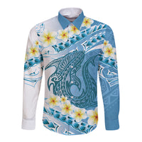 Blue Hawaii Shark Tattoo Long Sleeve Button Shirt Frangipani With Polynesian Pastel Version LT14 Unisex Blue - Polynesian Pride