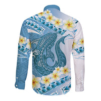 Blue Hawaii Shark Tattoo Long Sleeve Button Shirt Frangipani With Polynesian Pastel Version LT14 - Polynesian Pride