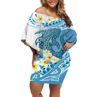 Blue Hawaii Shark Tattoo Off Shoulder Short Dress Frangipani With Polynesian Pastel Version LT14 Women Blue - Polynesian Pride