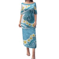 Blue Hawaii Shark Tattoo Puletasi Frangipani With Polynesian Pastel Version LT14 Long Dress Blue - Polynesian Pride