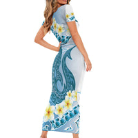 Blue Hawaii Shark Tattoo Short Sleeve Bodycon Dress Frangipani With Polynesian Pastel Version