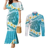 Turquoise Hawaii Shark Tattoo Couples Matching Mermaid Dress and Long Sleeve Button Shirt Frangipani With Polynesian Pastel Version LT14 Turquoise - Polynesian Pride
