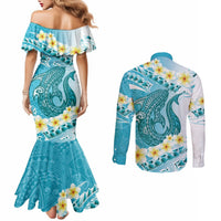 Turquoise Hawaii Shark Tattoo Couples Matching Mermaid Dress and Long Sleeve Button Shirt Frangipani With Polynesian Pastel Version LT14 - Polynesian Pride