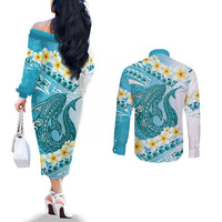 Turquoise Hawaii Shark Tattoo Couples Matching Off The Shoulder Long Sleeve Dress and Long Sleeve Button Shirt Frangipani With Polynesian Pastel Version