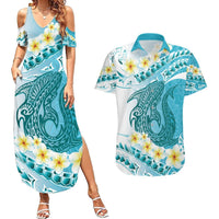 Turquoise Hawaii Shark Tattoo Couples Matching Summer Maxi Dress and Hawaiian Shirt Frangipani With Polynesian Pastel Version LT14 Turquoise - Polynesian Pride