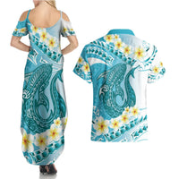 Turquoise Hawaii Shark Tattoo Couples Matching Summer Maxi Dress and Hawaiian Shirt Frangipani With Polynesian Pastel Version LT14 - Polynesian Pride