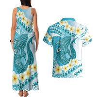 Turquoise Hawaii Shark Tattoo Couples Matching Tank Maxi Dress and Hawaiian Shirt Frangipani With Polynesian Pastel Version