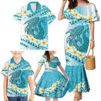 Turquoise Hawaii Shark Tattoo Family Matching Mermaid Dress and Hawaiian Shirt Frangipani With Polynesian Pastel Version
