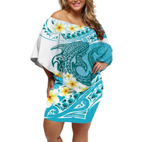 Turquoise Hawaii Shark Tattoo Off Shoulder Short Dress Frangipani With Polynesian Pastel Version LT14 Women Turquoise - Polynesian Pride