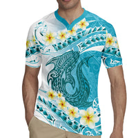 Turquoise Hawaii Shark Tattoo Rugby Jersey Frangipani With Polynesian Pastel Version LT14 - Polynesian Pride